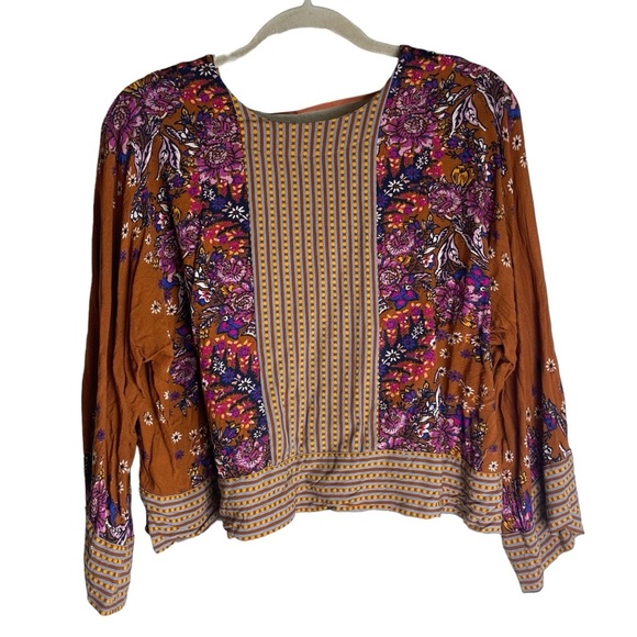 Free People Mix N Match Blouse Bell Sleeve V Neck Rust Orange Combo Floral XS - Picture 4 of 6